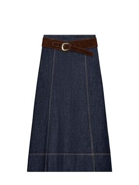 Zara Dark Blue Denim A-Line Midi Skirt with Brown Belt